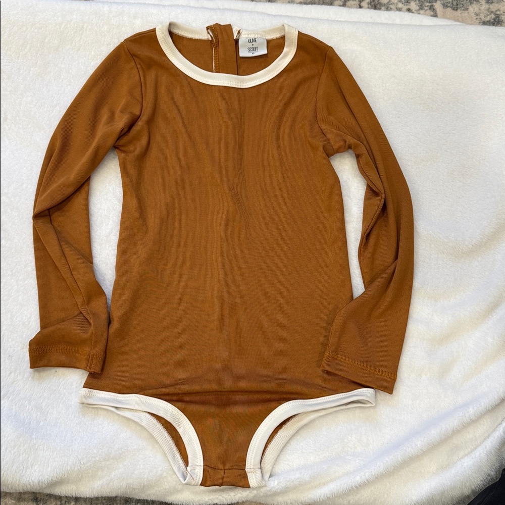 Girls Brown Long Sleeve Bodysuit with White Trim and zippered back